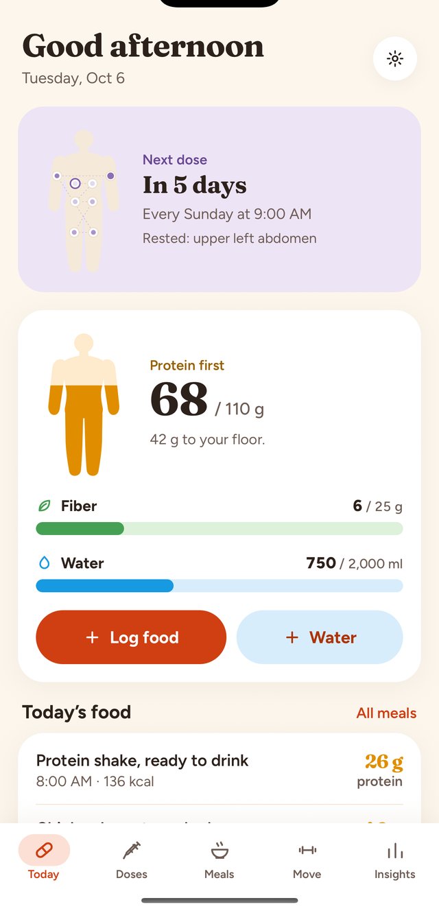 Today: next dose in 5 days, and the protein figure filling toward 110 grams